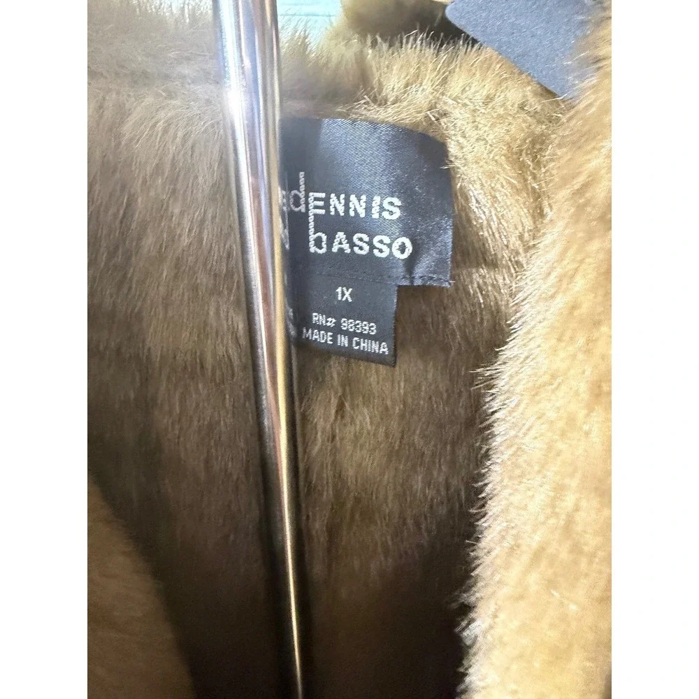 Dennis Basso‎ Faux Shearling Hooded Coat 1X Black Brown Excellent Faux Suede Fur - Picture 4 of 8